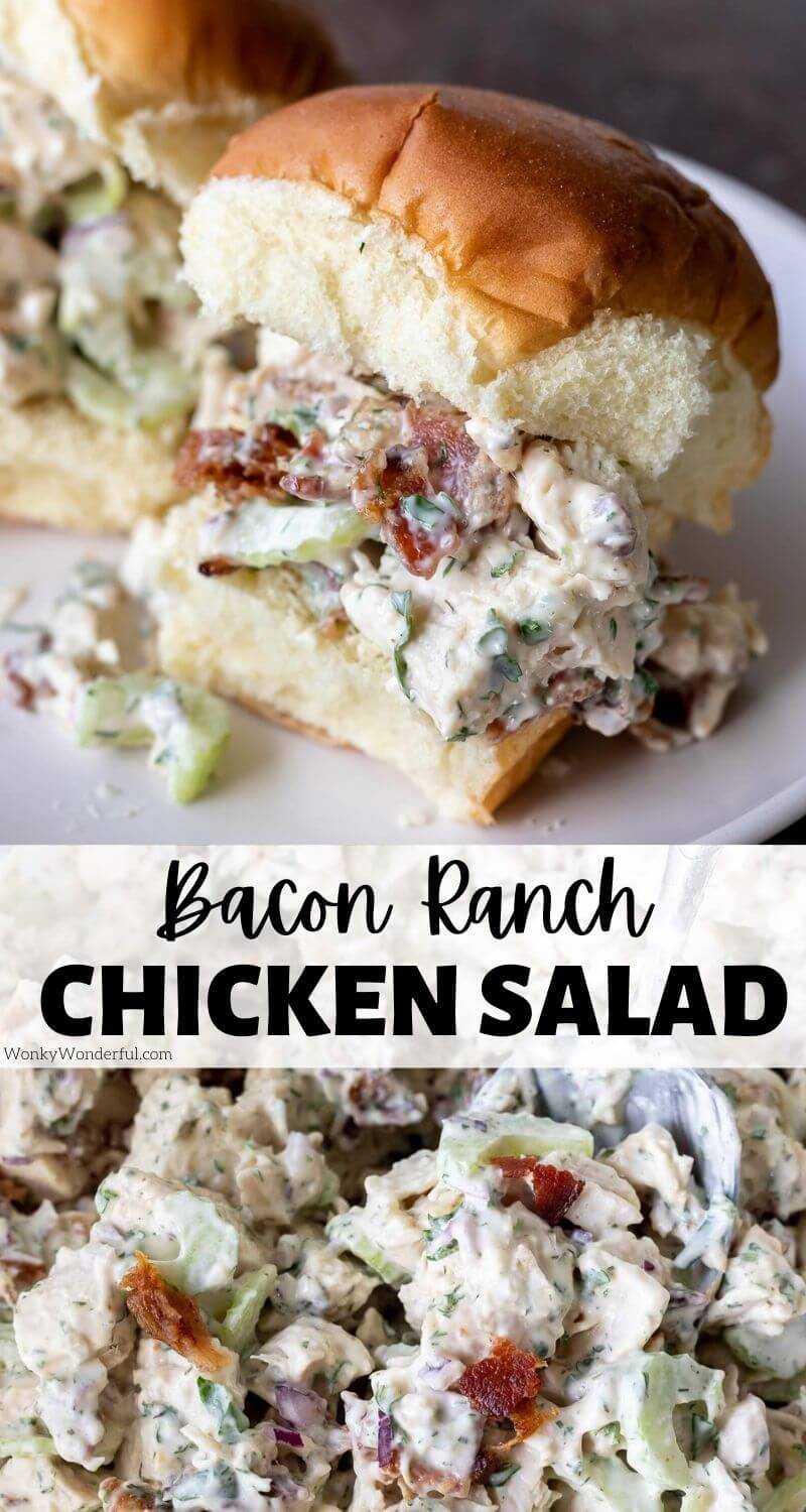 Perfect for lunch or dinner, this Bacon Ranch Chicken Salad is filling, nutritious and tasty! The great flavors of ranch dressing mixed with bacon take this Chicken Salad Recipe to the next level! A Low Carb and Keto friendly compliant lunch option. #chickensaladrecipes #lunchrecipes #chickenrecipes #lowcarbrecipes #ketorecipes bacon ranch chicken salad pinnable image with title text