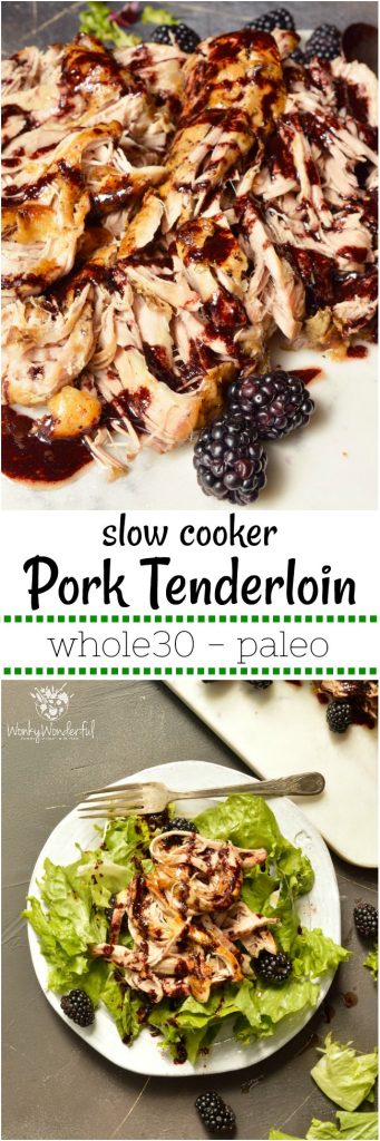 For a simple yet unique pork dinner recipe, look no further. This Slow Cooker Pork Tenderloin is fall apart tender and topped with a vibrant Balsamic Blackberry Sauce. Serve this over a fresh salad for a Whole30 Paleo compliant meal. If you are not following a special diet this shredded pork is great on sandwiches or tacos! #slowcookerrecipes #slowcookerpork #crockpotrecipes #whole30recipes #easydinnerideas