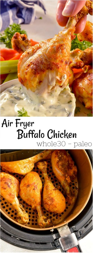 Are you crazy excited to start cooking with your air fryer!?!? These Buffalo Chicken Air Fryer Chicken Legs are perfect for beginners. All that great Buffalo Chicken Wing taste without the fat from deep frying. Plus, we are using chicken drumsticks for a meatier meal! #airfryer #buffalochicken #whole30 #paleodiet air fryer buffalo chicken photo collage for pinterest