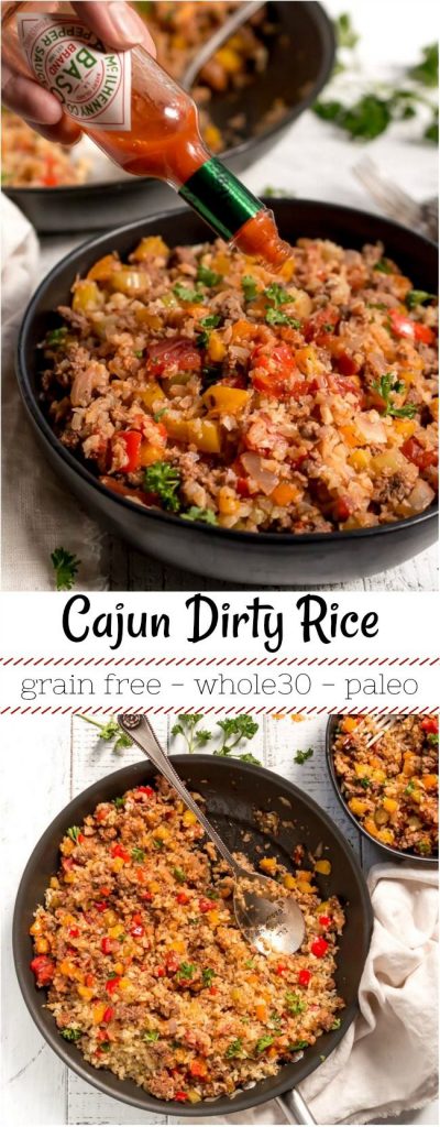 Just in time for Mardi Gras, this Cajun Dirty Rice Recipe has all that great New Orleans flavor while packing a ton of nutritious vegetables! This cajun rice is Gluten Free, Grain Free, Dairy Free, Whole30 and Paleo compliant with Vegan options. Perfect for enjoying Mardi Gras food in a healthier way. #grainfree #paleohacks #paleodiet #whole30 #whole30recipes two photo collage with cajun dirty rice photos for pinterest