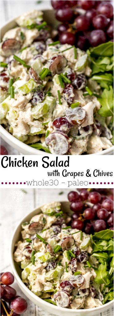 Lunch does NOT have to be boring! This Chicken Salad with Grapes and Chives takes the standard chicken salad sandwich to the next level. Bursting with flavor, this chicken salad is great on salads, wraps or sandwiches. This is a Whole30 and Paleo compliant recipe and great for a meal prep idea. #paleorecipes #whole30recipes #lunchrecipes #mealprep #chickensalad long collage photo of chicken salad with grapes