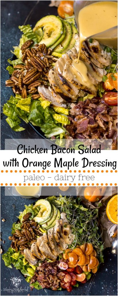long collage photo for pinterest of maple salad dressing and chicken bacon salad