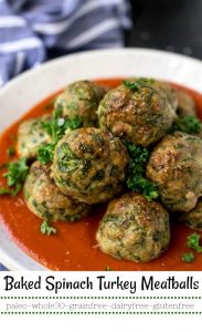 closeup image of garlic spinach baked turkey meatballs labeled for Pinterest