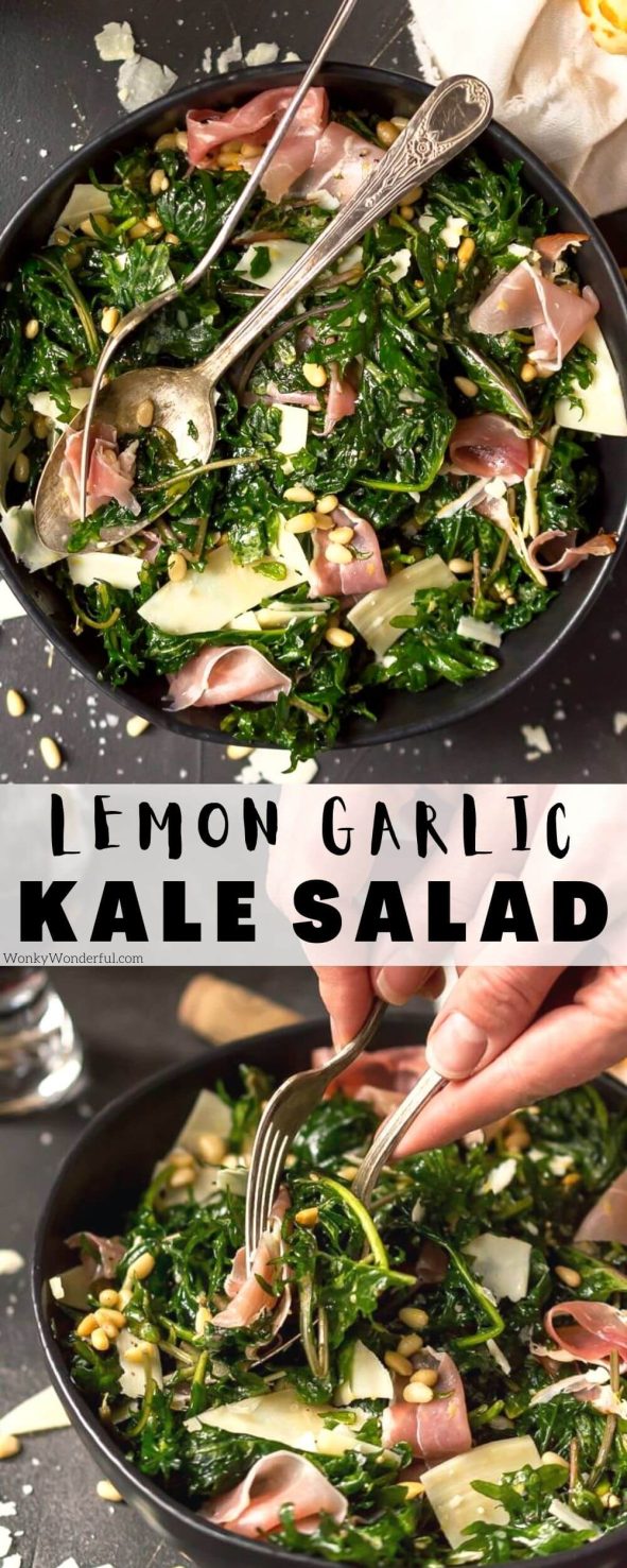 For a simple yet elegant side dish or dinner, make this Lemon Kale Salad with Prosciutto and Parmesan. This brings a ton of flavor to your basic Kale Salad Recipe with a lemon garlic dressing, salty prosciutto, pine nuts and shaved parmesan cheese. #kalesalad #kalerecipes #saladrecipes kale salad pinnable image with title text