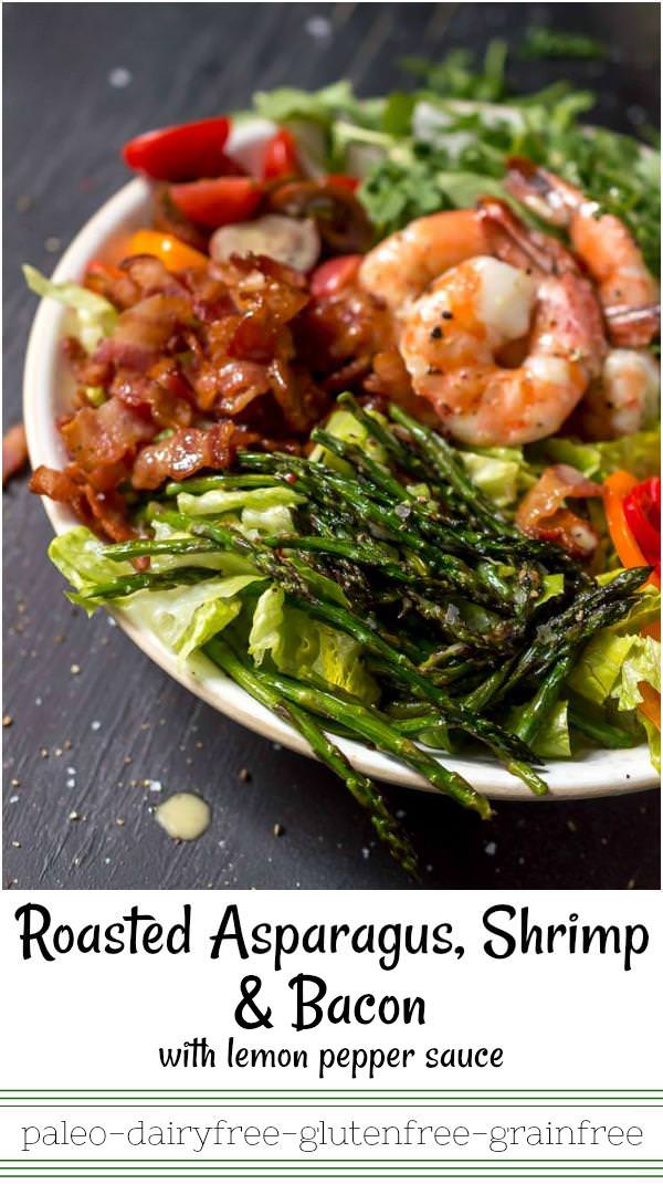 close up photo of roasted asparagus and bacon on salad