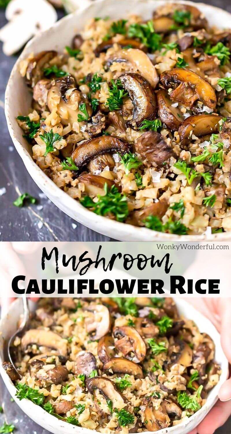 If you need a filling side dish or dinner, this Cauliflower Mushroom Rice is it! Cauli rice packed with golden brown roasted cremini mushrooms and fresh parsley. This recipe is Paleo compliant, Whole 30, Gluten Free, Low Carb, Keto, Grain Free, Dairy Free, Vegetarian and has Vegan options. #lowcarbrecipes #ketorecipes #paleorecipe #cauliflowerrice #dairyfreerecipes #glutenfreerecipes #veganrecipes cauliflower mushroom rice photo collage