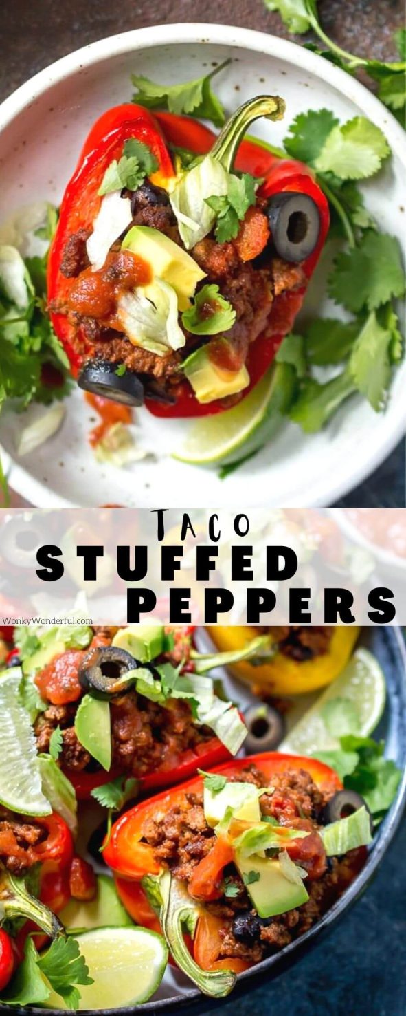Another tasty Paleo and Whole30 friendly dinner recipe that the entire family will LOVE! These Taco Stuffed Peppers have all the great flavors of tacos tucked inside bell peppers. Forget Taco Tuesday, you'll want these every night of the week! This recipe is also dairy free, gluten free and grain free. #paleorecipes #dairyfreerecipes #stuffedpeppers #easydinnerrecipes taco stuffed peppers pinnable image with title text
