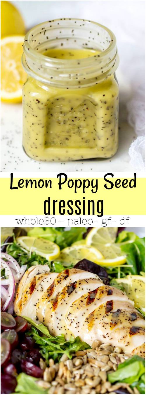 labeled collage image for pinterest of lemon poppy seed dressing and grilled chicken salad