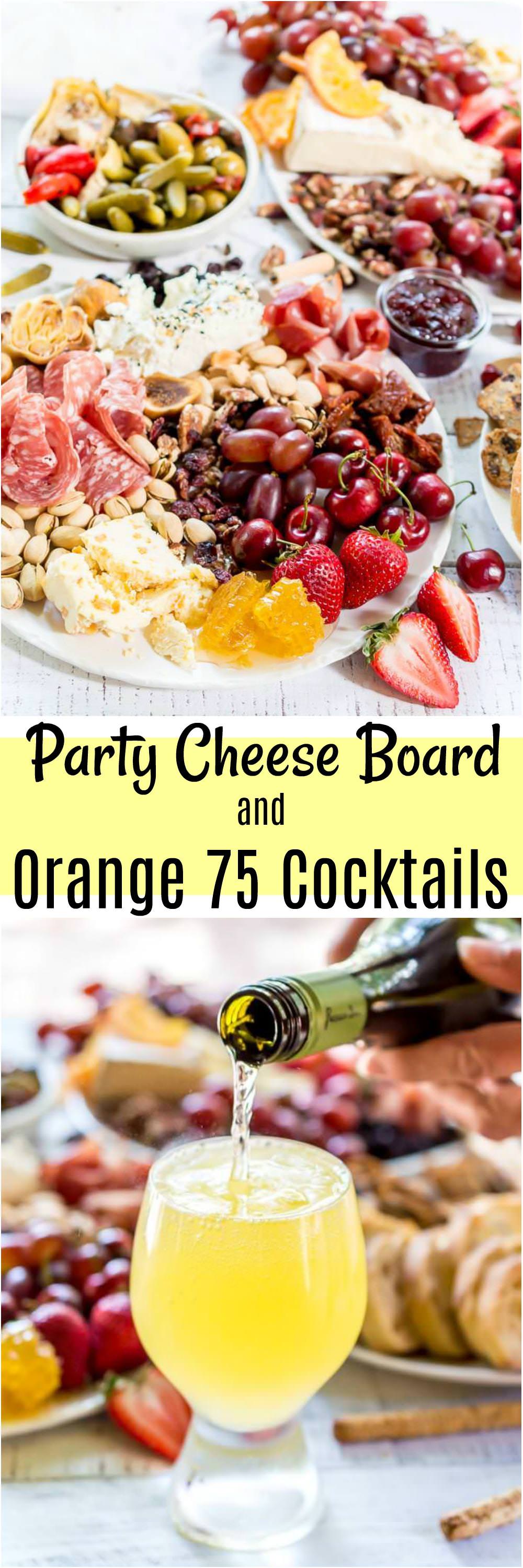 Throw an EPIC Summer Party without even turning your oven on! This Charcuterie Board and Orange 75 Cocktails are perfect for entertaining. The cheese platter is is loaded with meats, cheeses, crackers, fruits, nuts and more. And this simple cocktail recipe is sure to impress your guests! #entertaining #partyideas #cheeseboard #cocktailrecipes