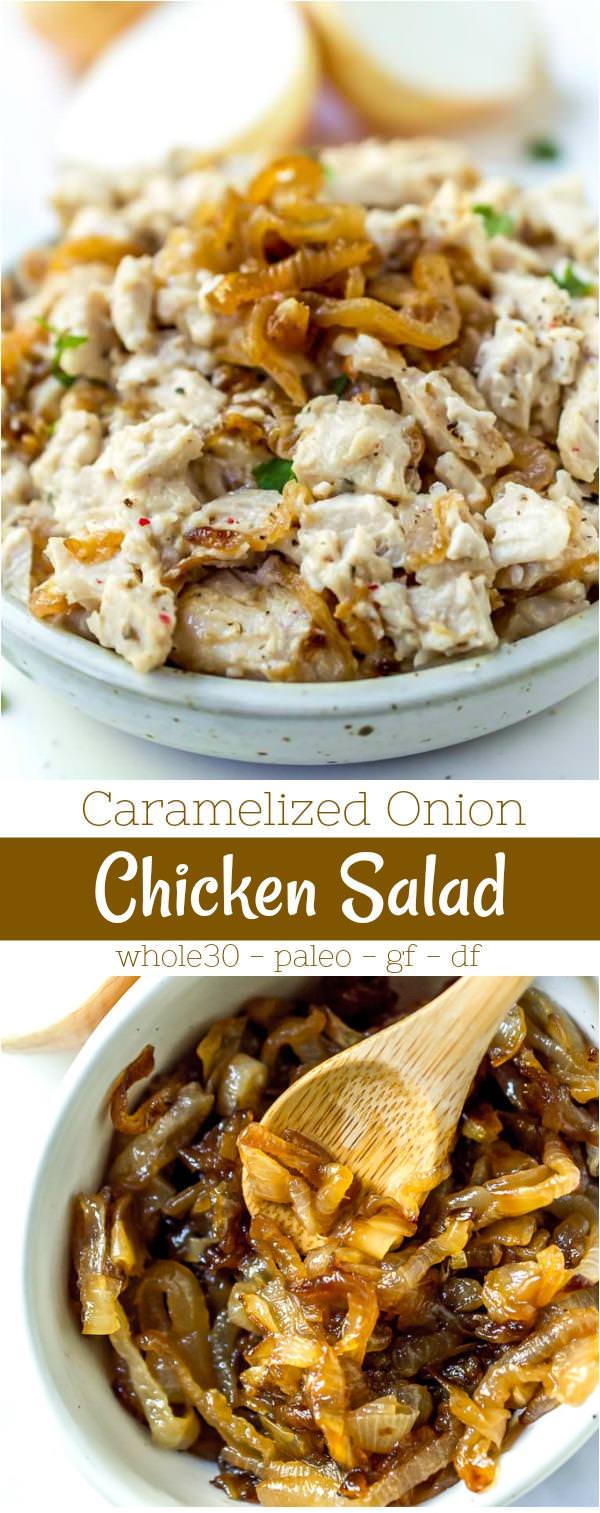long collage photo of caramelized onion paleo chicken salad