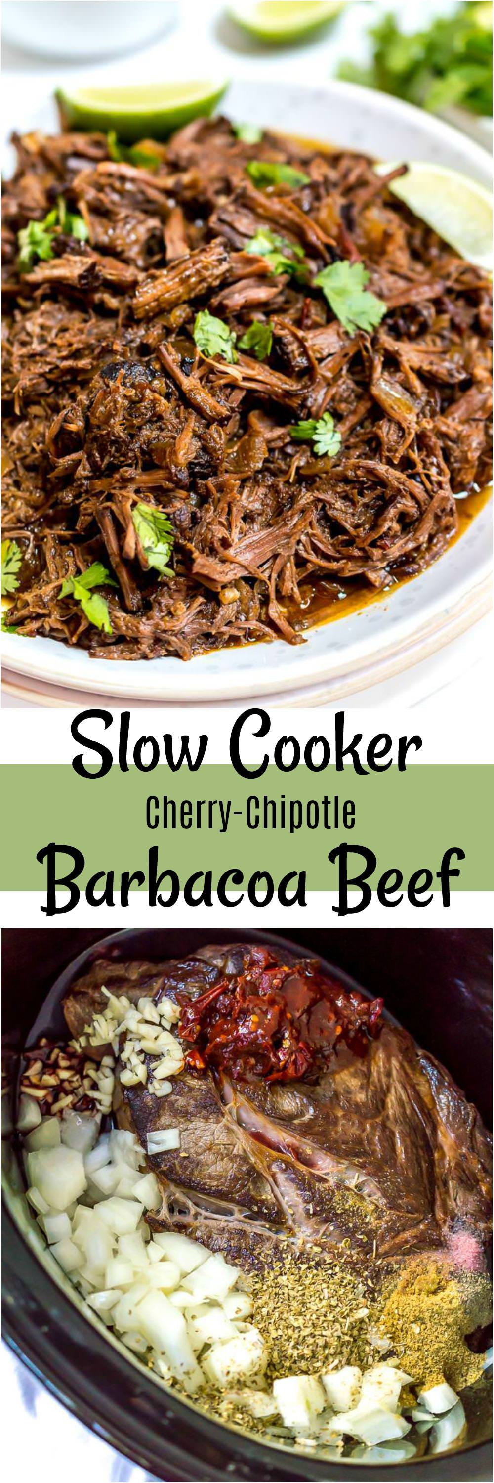 This Cherry Chipotle Slow Cooker Barbacoa Recipe is the perfect meal to serve to family and friends this summer. Keep entertaining easy with this flavorful crockpot recipe. The tart cherry and chipotle combo make this unique dish unforgettable. This recipe is Paleo compliant, dairy free, gluten free and great for meal prep. #slowcookerrecipes #paleorecipes #whole30recipes 