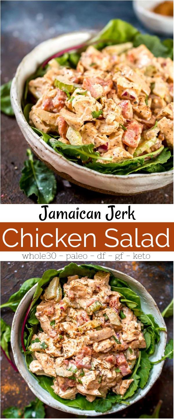 collage phot of jamaican jerk chicken salad