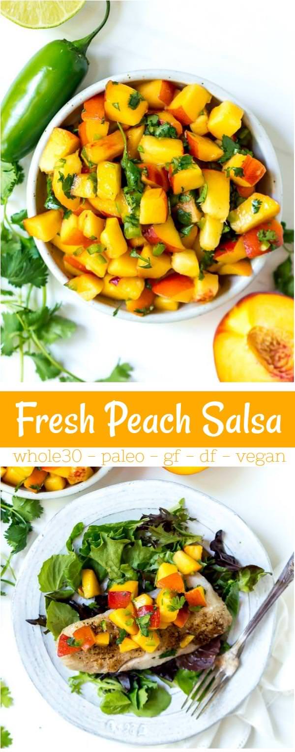 If you want to taste Summer, make this Peach Salsa Recipe. Fresh, ripe peaches are the star of this homemade salsa and tastes great on chicken, fish, tacos or with chips! This recipe is Whole30 and Paleo compliant, Gluten Free, Dairy Free and Vegan. #salsarecipes #whole30recipes #paleorecipes #veganrecipes fresh peach salsa recipe pinnable image