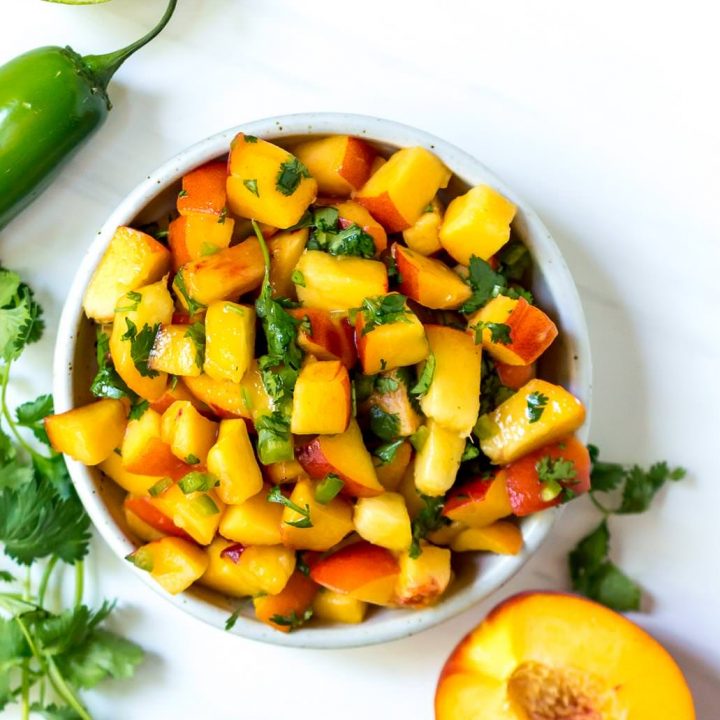 over head photo of fresh peach salsa