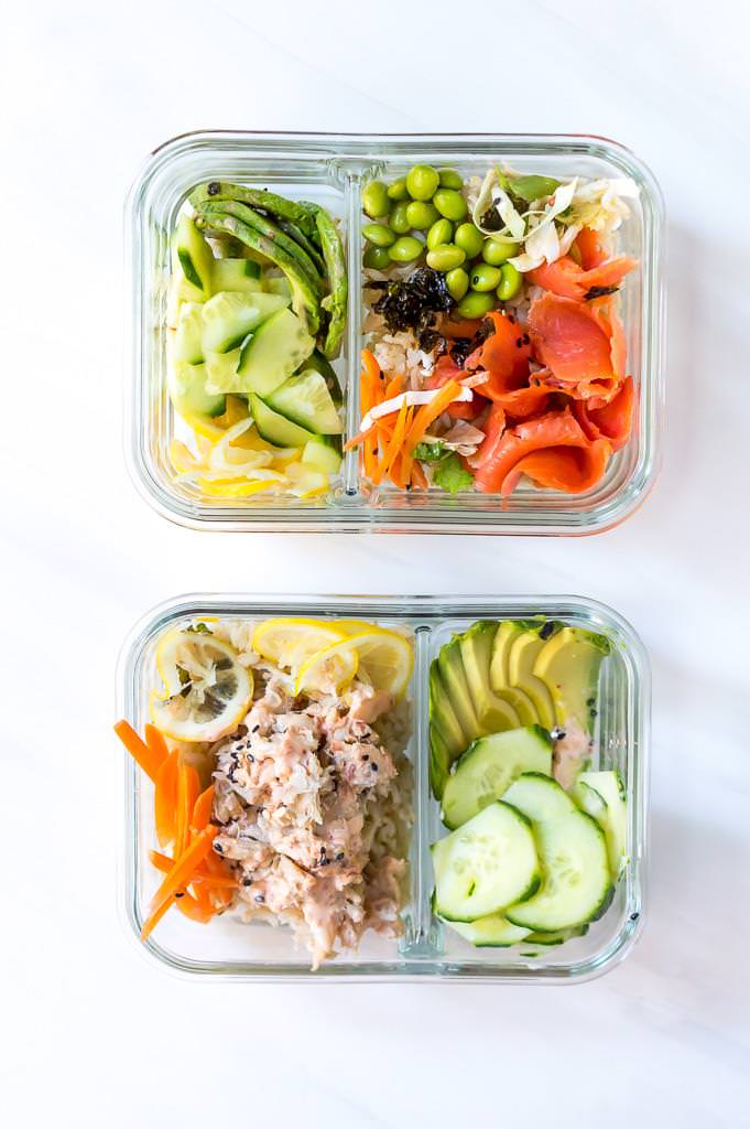 spicy crab sushi bowl and salmon sushi bowl in glass meal prep containers