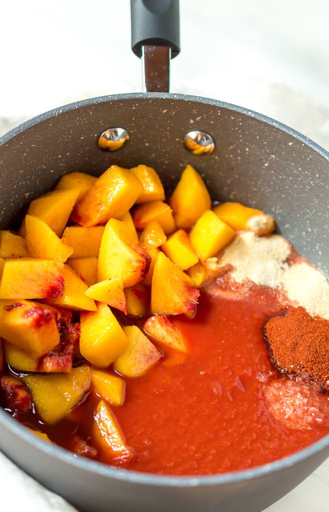 photo of peach barbecue sauce recipe ingredients in pot
