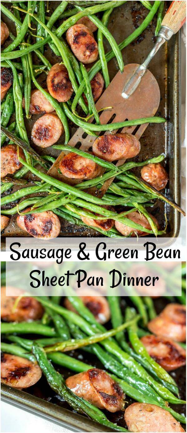 sheet pan green beans and sausage dinner collage