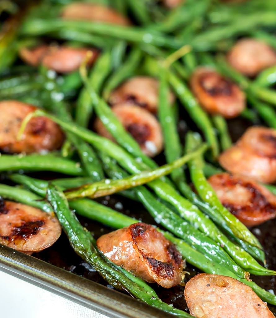 perfectly browned sausage and green beans