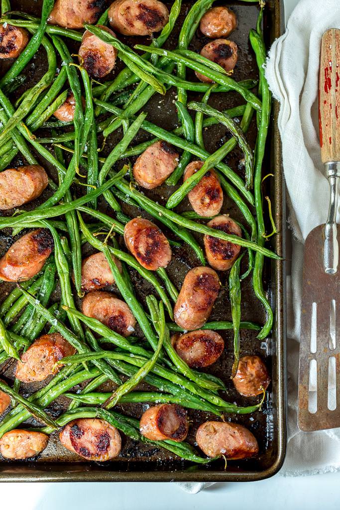 fresh green beans and sausage dinner on sheet pan
