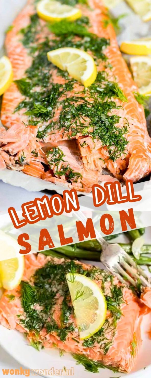 If you need to know the best way to bake salmon, this Easy Baked Salmon Recipe is quick, simple, flavorful and healthy. With a blend of butter or ghee, fresh dill and lemon this easy dinner recipe is sure to be a hit! lemon dill baked salmon recipe pinnable image