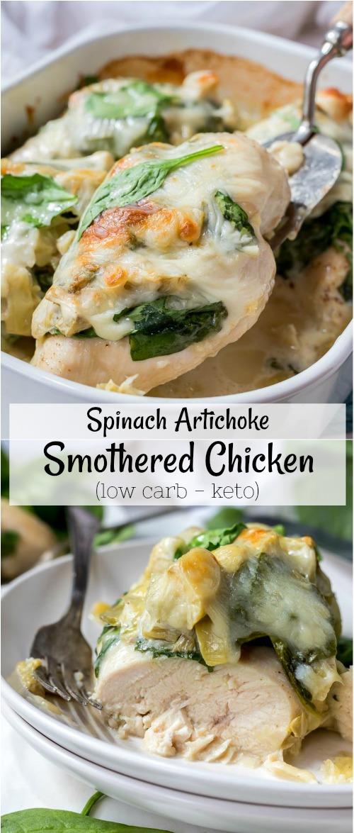 spinach and artichoke smothered chicken breast photo collage