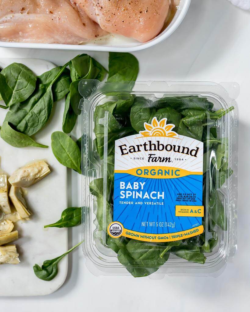 fresh baby spinach, artichoke hearts and raw chicken