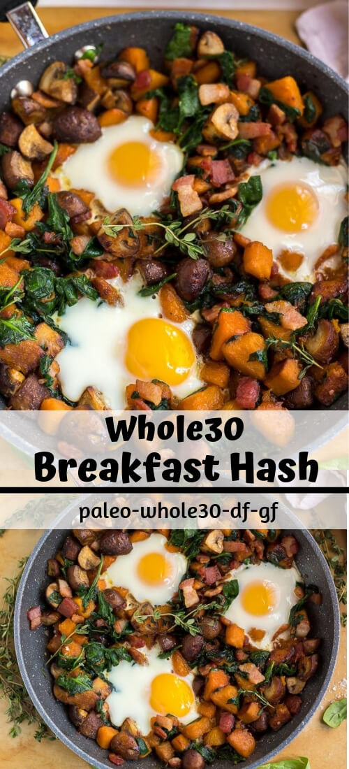 Whole 30 Breakfast Hash Recipe - whole 30 compliant - breakfast ideas eggs - one pan breakfast - breakfast skillet recipes - healthy breakfast skillet - paleo breakfast skillet - one skillet breakfast - whole30 skillet recipes - butternut squash whole30 - butternut squash recipes - healthy breakfast recipes - lowcarb breakfast - whole30 breakfast Whole 30 Breakfast Hash Recipe photo collage