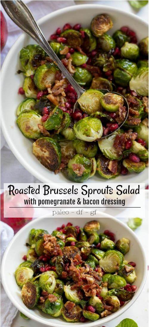 Brussel Sprout Salad with Warm Bacon Dressing and Pomegranate - brussels roasted - brussels sprout - roasted brussel - brussel recipes healthy - brussel spouts - brussels sprouts recipes - side dish ideas - vege side dishes - easy side dishes - creative side dishes - side dish recipes healthy - gluten free christmas - gluten free holiday recipes - grain free recipes - paleo and gluten free recipes roasted brussel sprout salad photo collage
