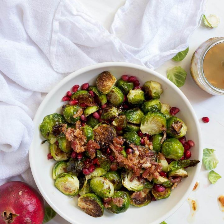 roasted brussel sprout salad in white bowl