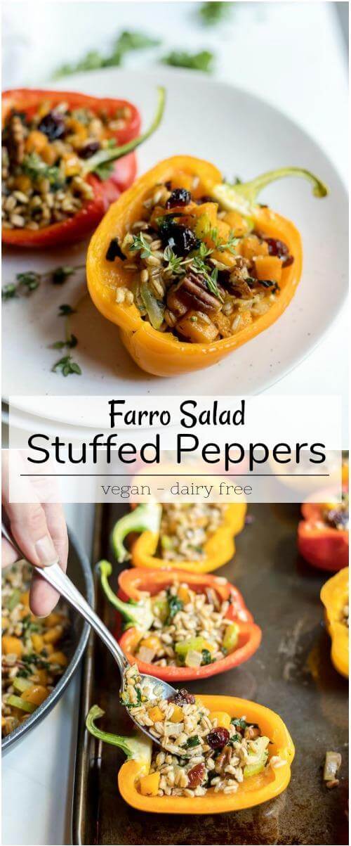 Farro Salad Stuffed Peppers Recipe - how to make stuffed peppers - how to cook stuffed peppers - no rice stuffed peppers - stuffed peppers vegetarian - stuffed peppers sides - stuffed bell peppers healthy - vegan thanksgiving - thanksgiving side dishes - vegan recipe - side dish ideas - side dishes recipes - fall recipes - vegan dinner - healthy dinner farro salad stuffed peppers recipe photo collage