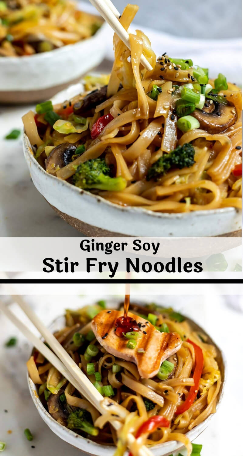 These Ginger Soy Stir Fry Chinese Noodles are a simple homemade way to enjoy your favorite take-out food. Made with fresh, flavorful, wholesome ingredients like vegetables, rice noodles and a sticky soy ginger sauce then topped with salmon. This copycat take out recipe is comfort food at it's best! #chinesefood #ramenrecipes #pastarecipes stir fry chinese noodles photo collage