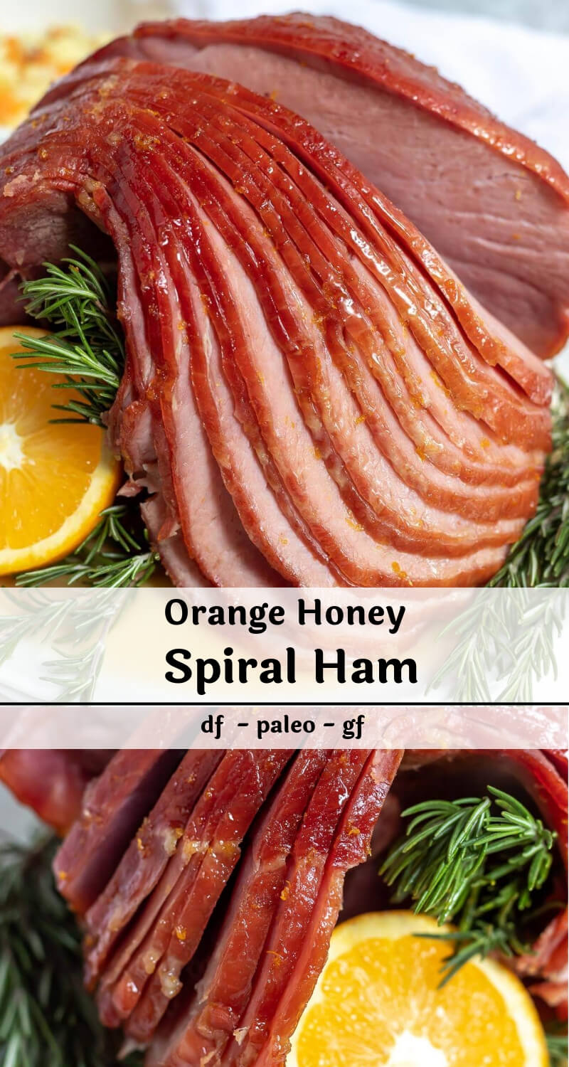 This Orange Honey Baked Ham Recipe makes a wonderful Christmas Dinner. Making your Holiday Dinner couldn't be easier than this Glazed Spiral Ham. The glaze is only 4 ingredients mixed together and slathered over your holiday ham. This recipe is Paleo friendly, gluten free and dairy free. #christmasdinner #honeybakedham #glazedham #paleorecipes