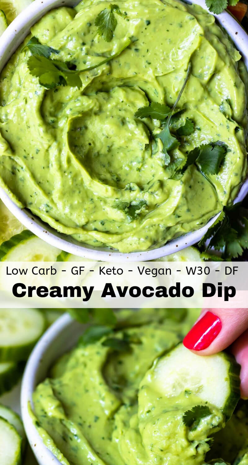 This Creamy Avocado Dip Recipe comes together in 5 minutes with just 4 ingredients! An appetizer for any occasion, this basic guacamole dip is ultra smooth, fresh and flavorful. This recipe is also Vegan, Vegetarian, Paleo, Keto, Whole30, Low Carb, Gluten Free and Dairy Free. #avocadorecipes #diprecipeseasy #guacamolerecipe #veganrecipes #ketorecipes #lowcarbrecipes creamy avocado dip recipe photo collage