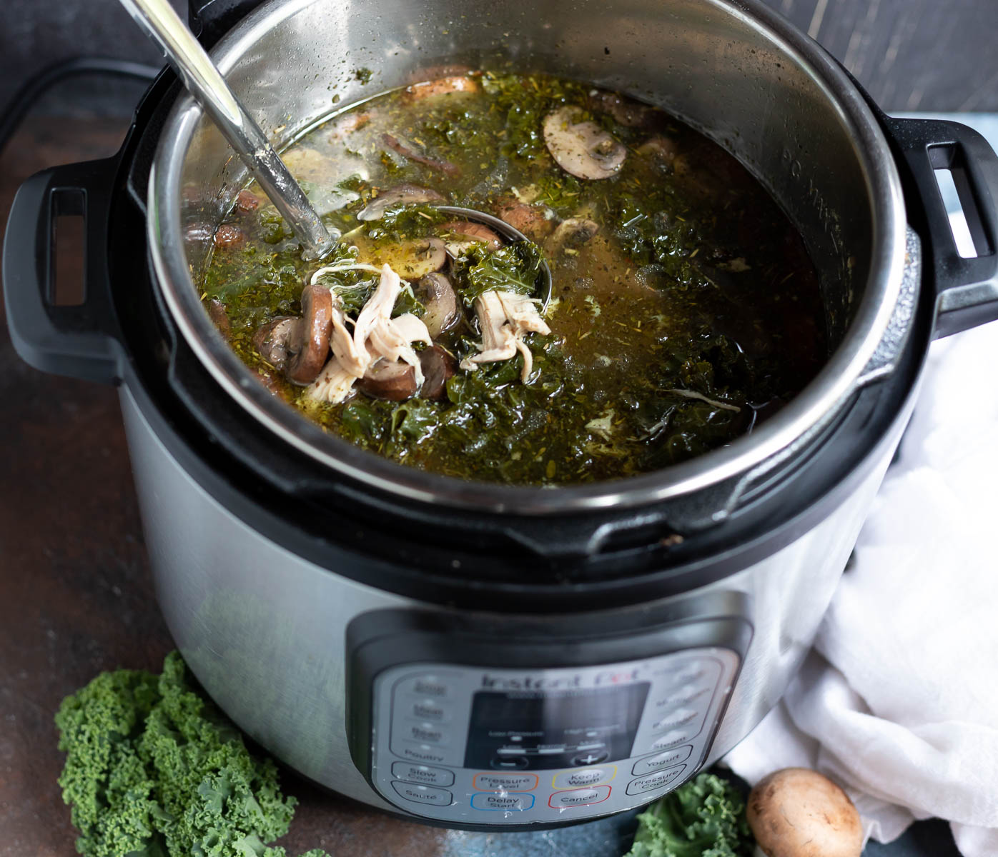 instant pot chicken soup inside pressure cooker with serving ladle 
