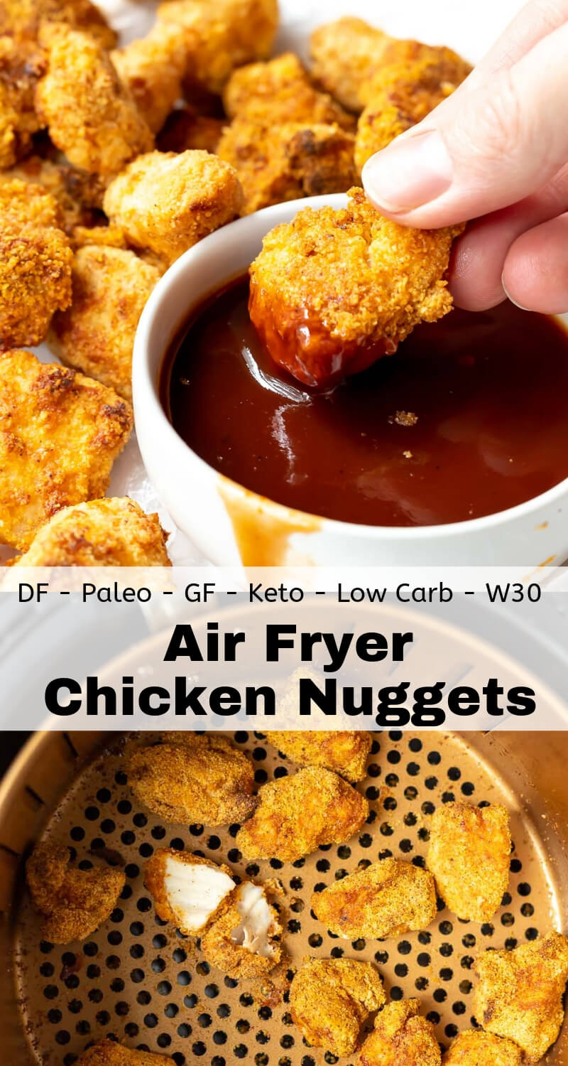 Air Fryer Chicken Nuggets are better than any fast food. You'll never want to hit the drive-thru again once you make this copycat recipe. These chicken bites are made with simple ingredients and are Paleo, Keto, Low Carb, Dairy Free, Grain Free, Whole30 and Gluten Free. #airfryerfriedchicken #airfryerchicken #chickenrecipes #chickennuggets #lowcarbrecipes #ketorecipes #whole30recipes air fryer chicken nuggets recipe photo collage