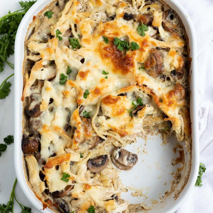 Chicken Tetrazzini in white casserole dish