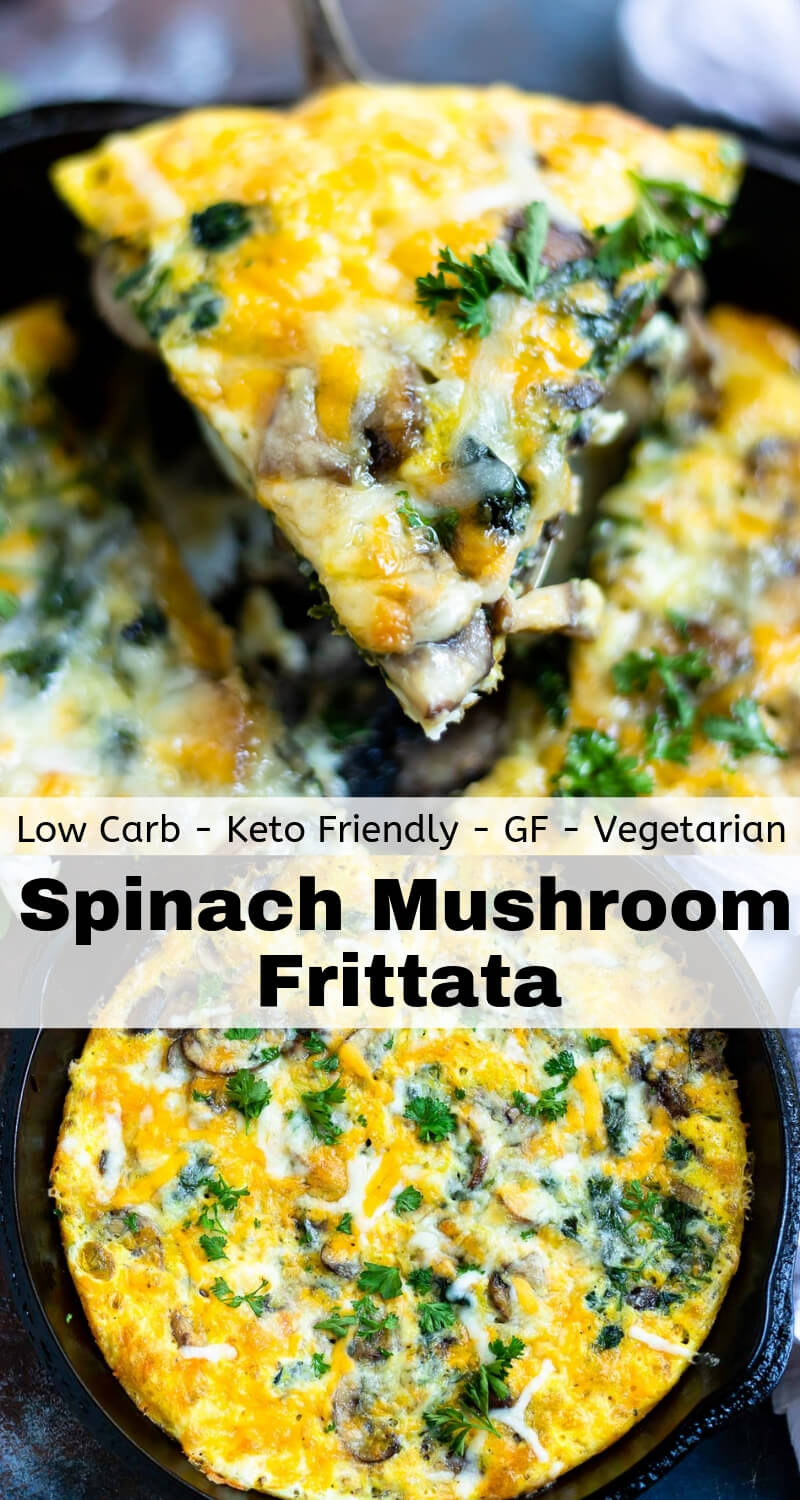 This Mushroom Spinach Frittata Recipe is perfect for a weekend brunch, a healthy breakfast or for a meatless Monday dinner idea. Frittatas are quick, easy, nutritious, low carb and keto friendly. This frittata recipe is also gluten free, grain free and vegetarian. #vegetarianrecipes #vegetariandinnerrecipeslowcarb #lowcarbrecipes #breakfastrecipes #brunchideas mushroom spinach frittata recipe photo collage