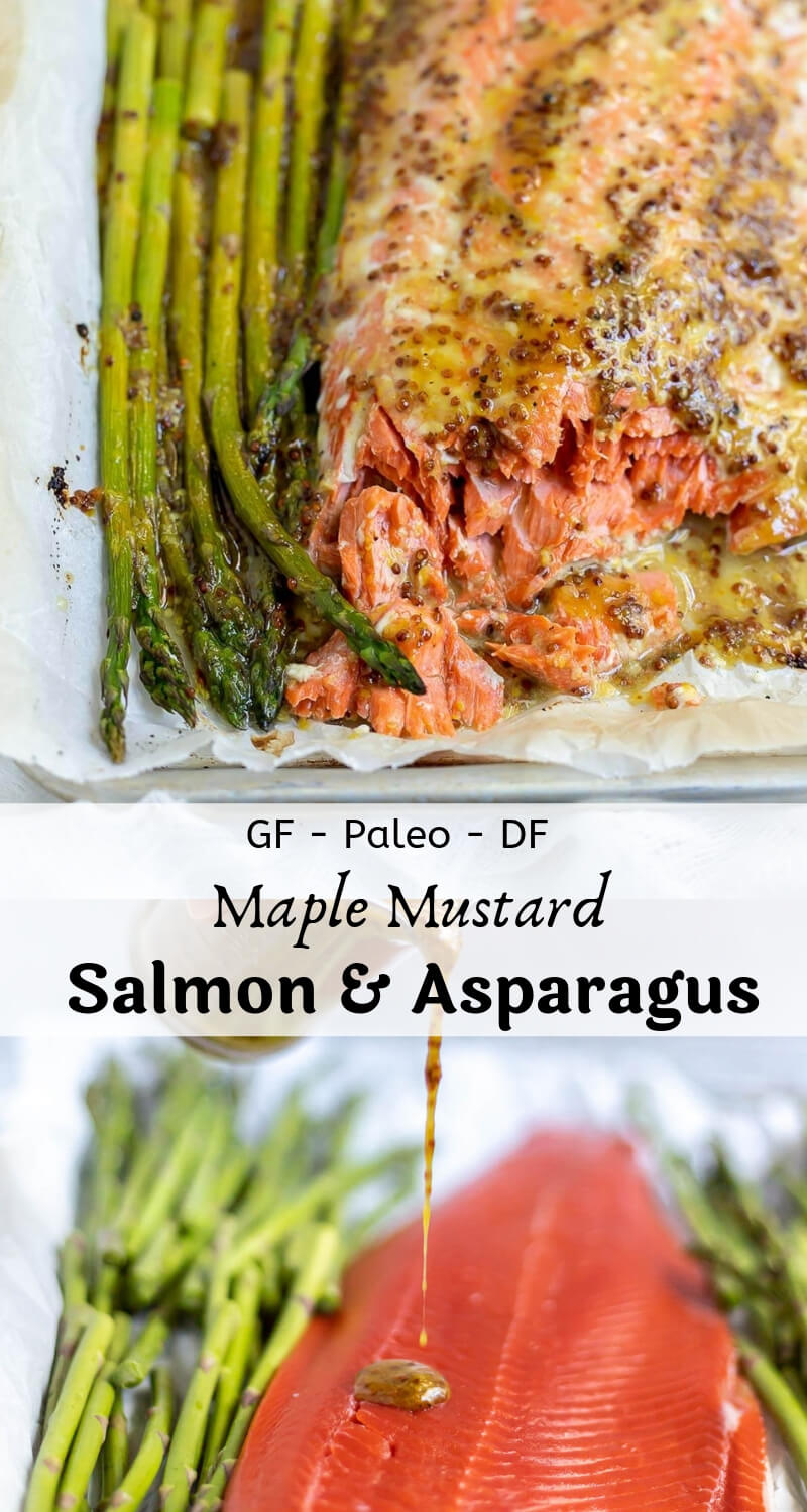 Weeknight dinner does not have to be boring or plain. This Baked Salmon Asparagus Sheet Pan Dinner is a quick, easy, nutritious meal that is great for weeknights or weekends. This recipe is Paleo friendly, gluten free, grain free and dairy free. #easyweeknightdinners #sheetpandinners #salmonrecipes baked salmon asparagus sheet pan dinner recipe photo collage