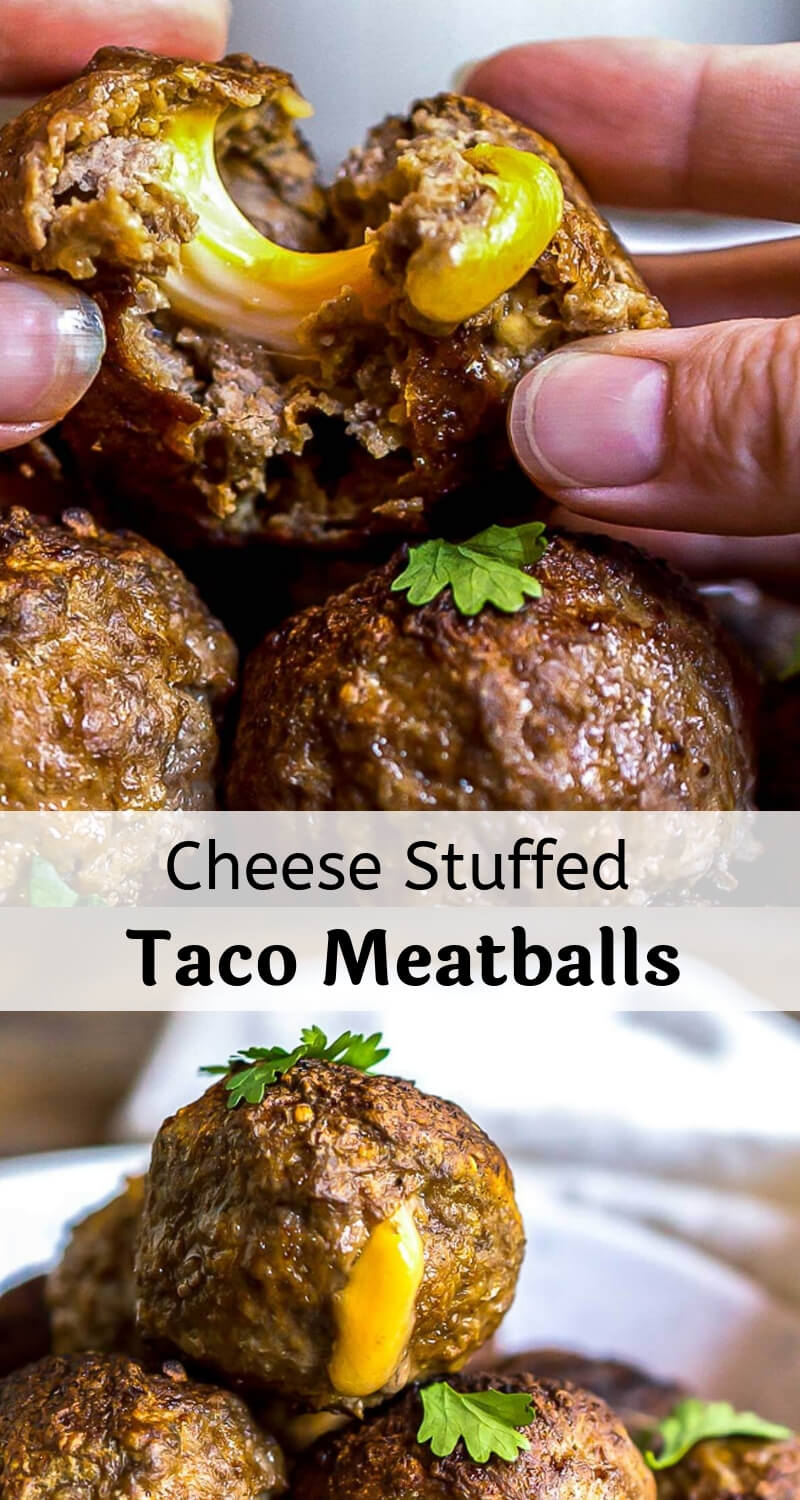 Taco Cheese Stuffed Meatballs are a fun twist for Taco Tuesdays! This easy meatball recipe is taken to the next level with taco seasoning and colby jack cheese. #meatballrecipes #easydinnerrecipes #easydinnerideas #tacorecipes taco and cheese stuffed meatballs recipe photo collage