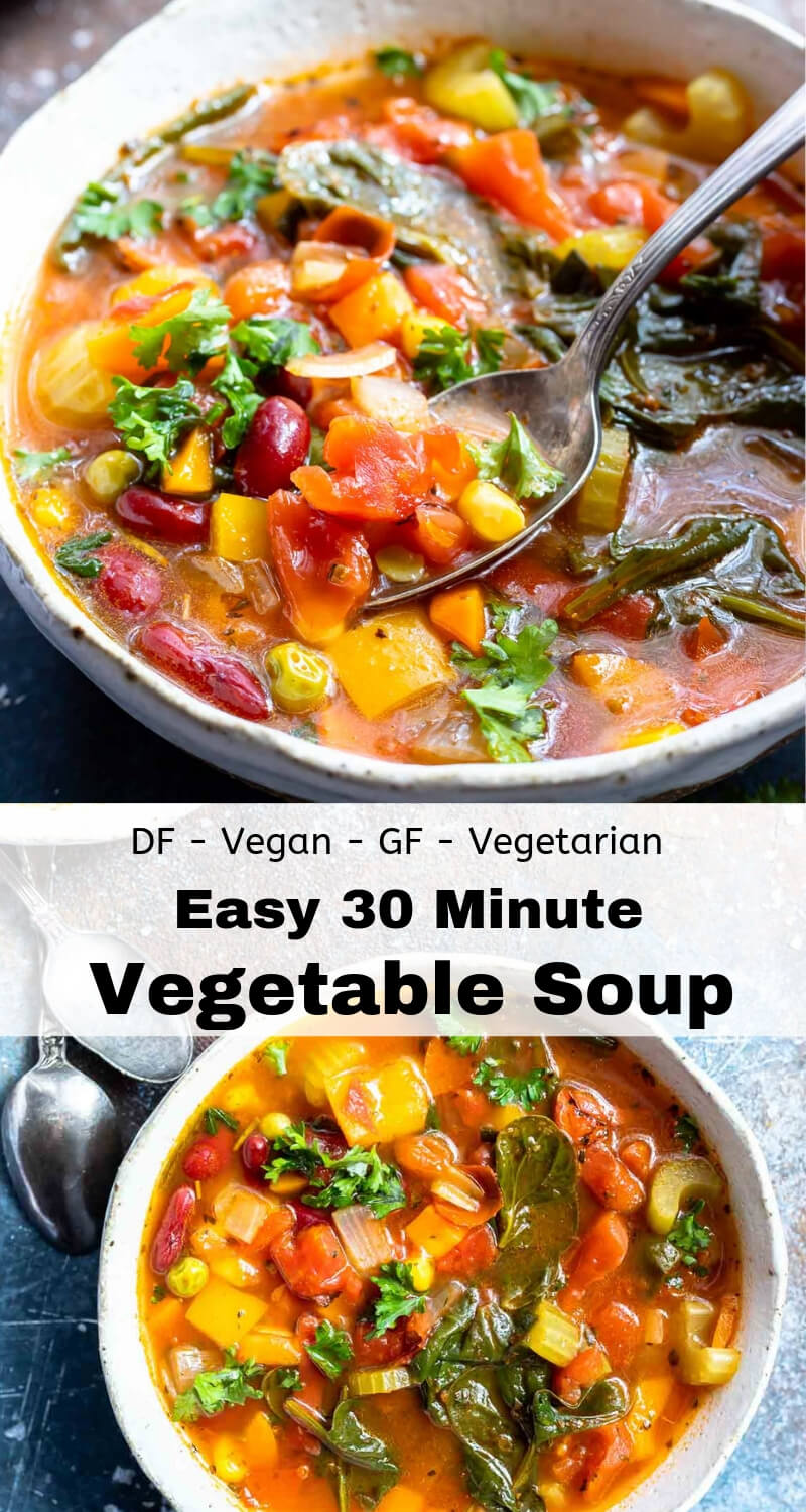 This Easy Vegetable Soup Recipe is great for a healthy dinner idea. This loaded veggie soup is comfort food at its best. This recipe is vegan, vegetarian, gluten free, dairy free and fantastic for meal prepping. #vegetablesoup #veganrecipesdinner #veganrecipes #souprecipeseasy #mealprepideas easy vegetable soup recipe photo collage