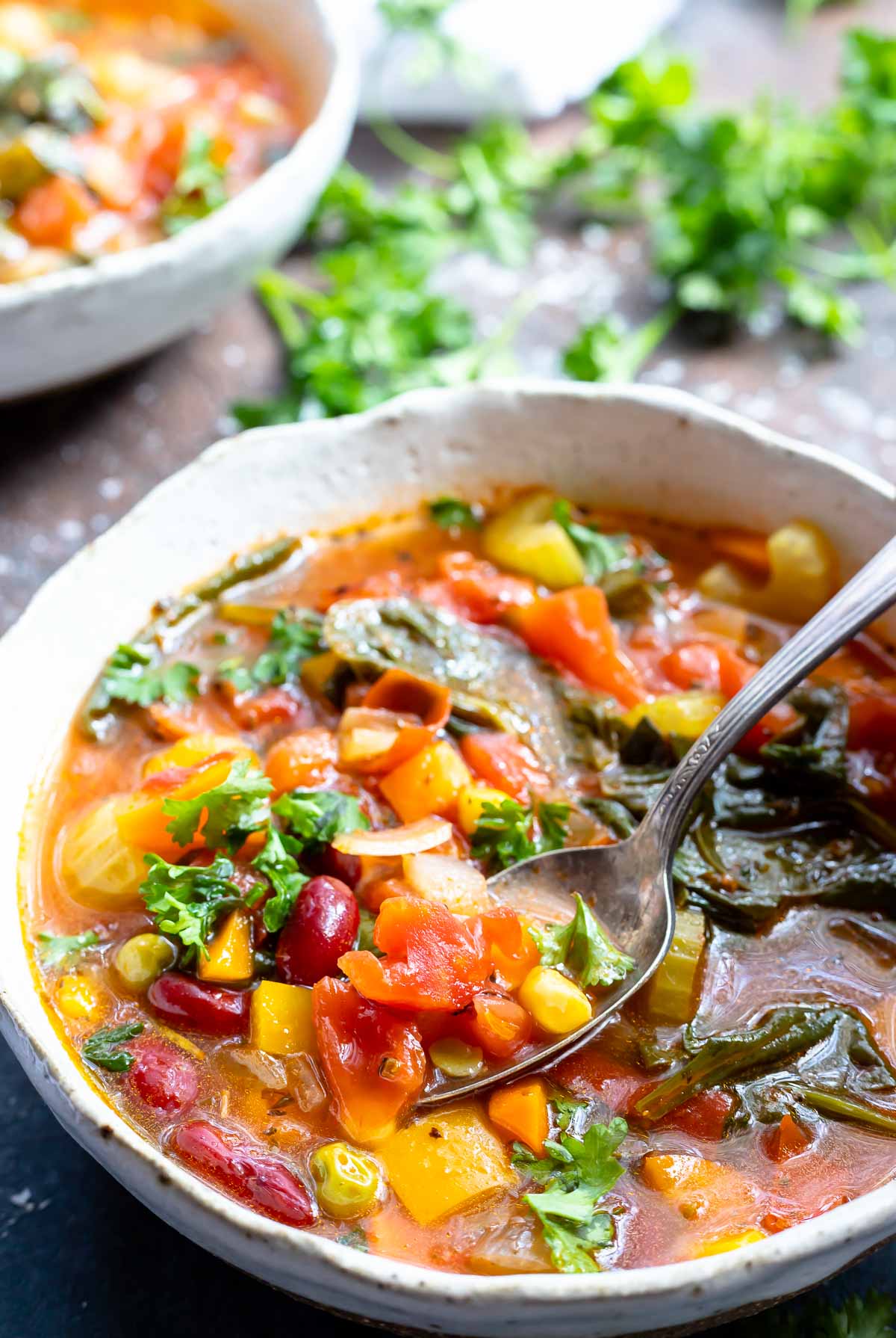 easy vegetable soup in white bowl with spoon