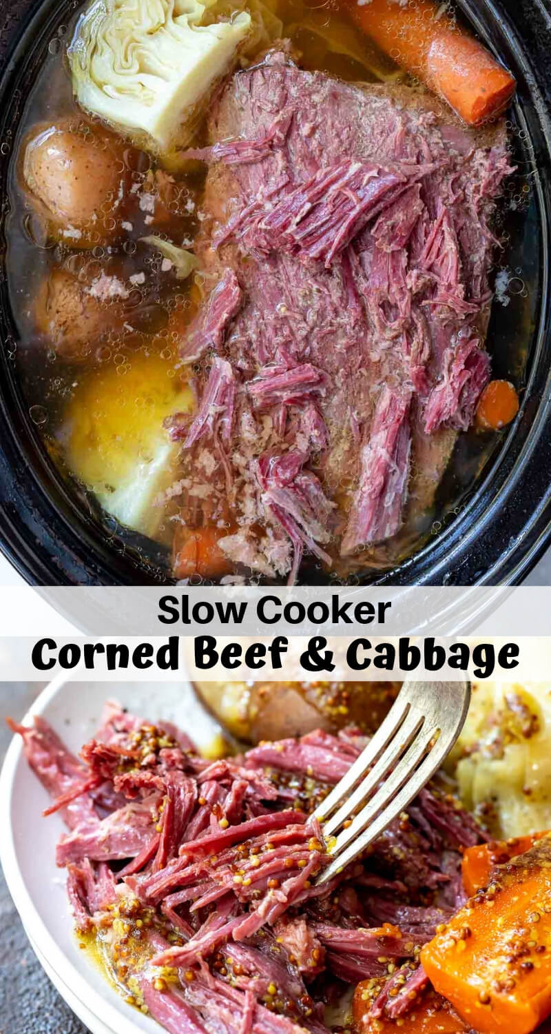 slow cooker crockpot corned beef and cabbage recipe photo collage