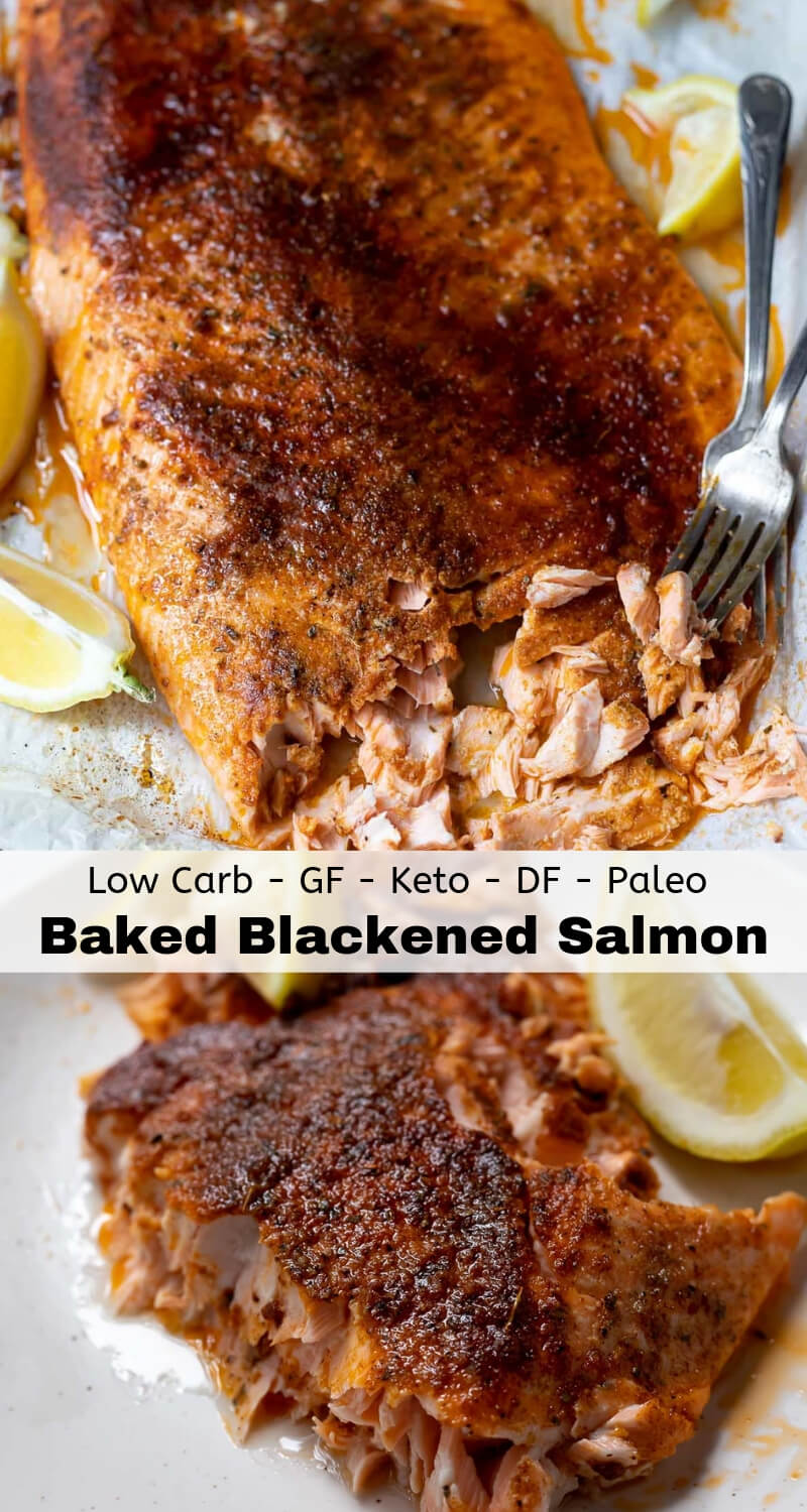 This Oven Baked Blackened Salmon Recipe is a super flavorful spiced salmon that is ready in less than 20 minutes! Spices, oil and salmon are the only ingredients you need to make this easy and healthy dinner. This recipe is Whole 30 - Keto friendly, Paleo, Gluten Free and Dairy Free. #salmonrecipes #blackenedsalmon #easydinnerideas #ketorecipes #paleorecipes #whole30recipes #lowcarbrecipe oven baked blackened salmon recipe photo collage