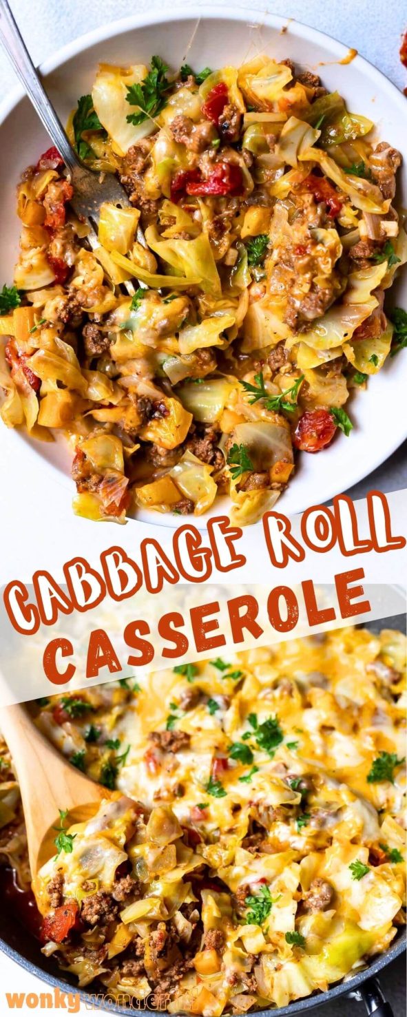This Unstuffed Cabbage Casserole Recipe is a great family dinner idea. Full of healthy vegetables and lean protein. This one-pot casserole is made low carb and can be served alongside rice for those that want it. unstuffed cabbage roll casserole pinnable image