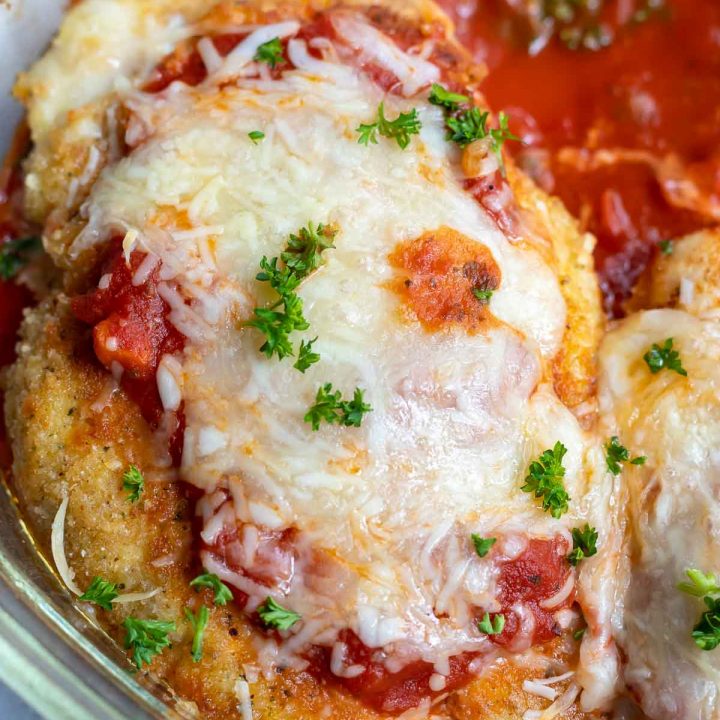 golden fried chicken farm topped with marinara and melted mozzarella cheese