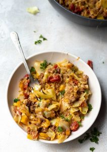 unstuffed cabbage casserole in white bowl