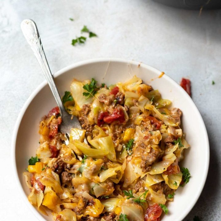 unstuffed cabbage casserole in white bowl