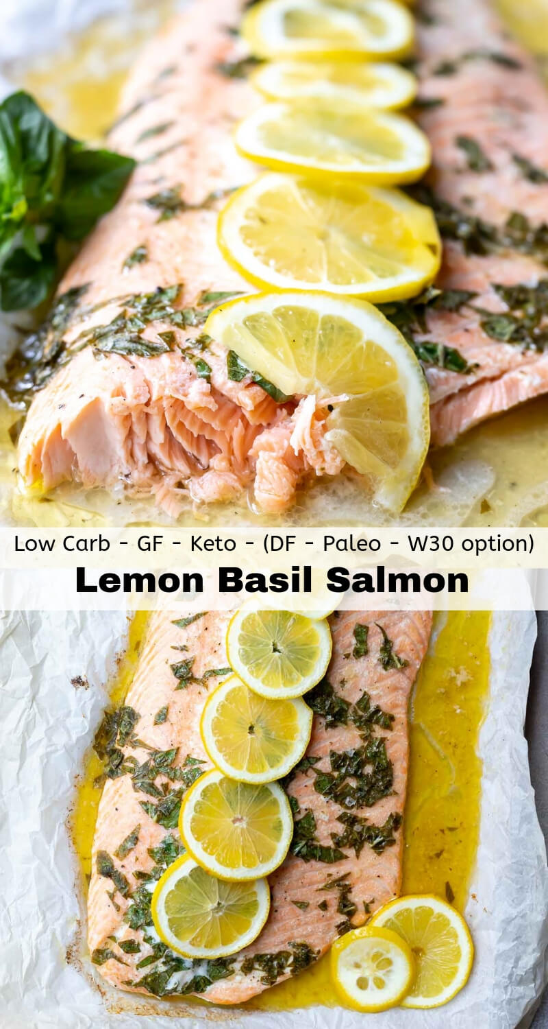 If you're looking for a new twist on your baked salmon dinner, try this Lemon Basil Salmon Recipe. A simple combo of lemon, fresh basil and butter makes this meal extra flavorful. Substitute olive oil for the butter and you have a dairy free version.This recipe is low carb, Keto friendly, gluten free with Whole30 Paleo option. #ketorecipes #salmonrecipes #dinnerideas #lowcarbrecipes #ketodiet #healthydinnerrecipes lemon basil salmon recipe photo collage