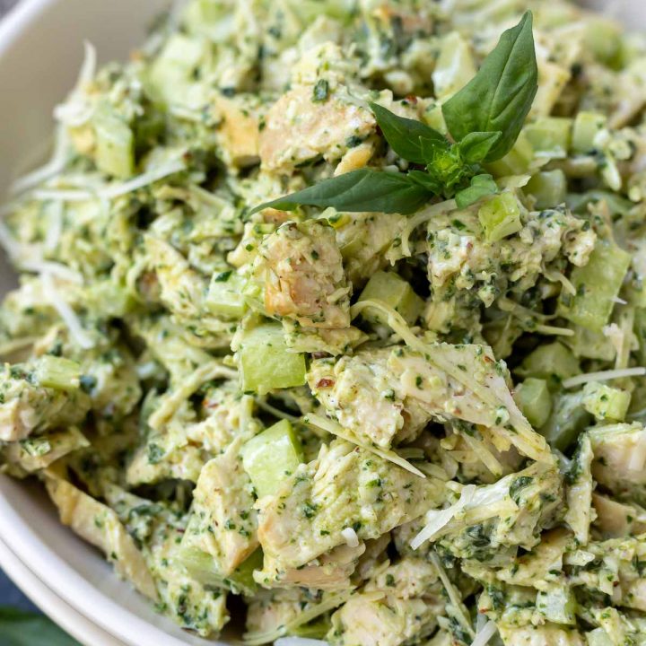 pesto chicken salad in white bowl
