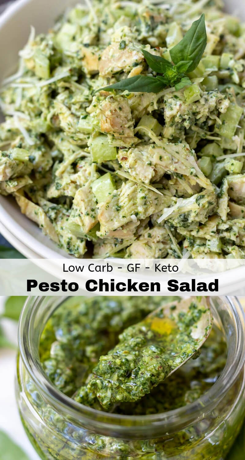This Pesto Chicken Salad Recipe is a great way to add flavor to those boring lunchbox meals. Not only is this chicken salad flavorful, it is packed with nutrition too! Great for anyone following a Low Carb - Keto diet. #ketorecipes #lowcarbrecipes #chickensaladrecipes #chickensalad #lunchideas pesto chicken salad recipe photo collage